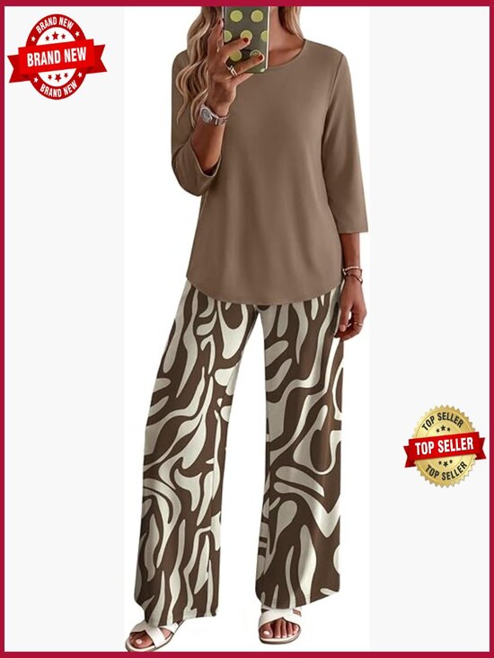 Pants - 3/4 Sleeve Graphic Tee and Pants Lounge Set with Pockets